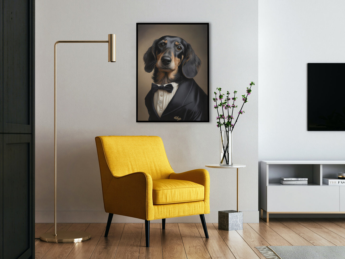 Poster Portrait Teckel en Smoking - Impression Murale Tuxedo - Art Mural Chien Chic et Humoristique