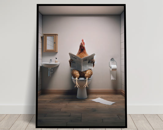 Funny Hen Reading Newspaper Bathroom Poster - Unique WC Wall Art Decor, Hilarious Gift for Bathroom