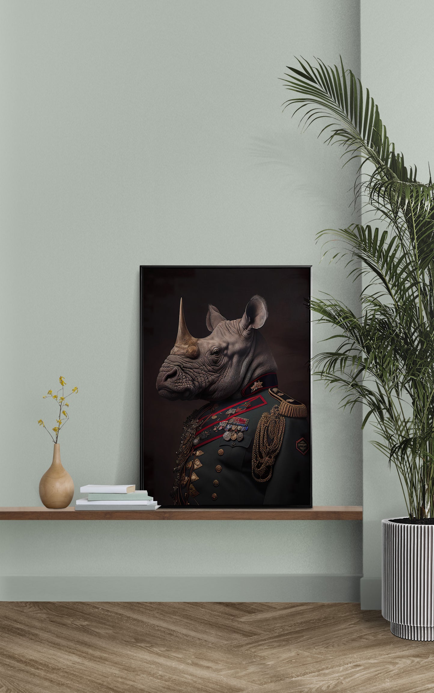 Affiche Rhinocéros en Uniforme Militaire - Poster Murale Animaux pour Décoration à Encadrer