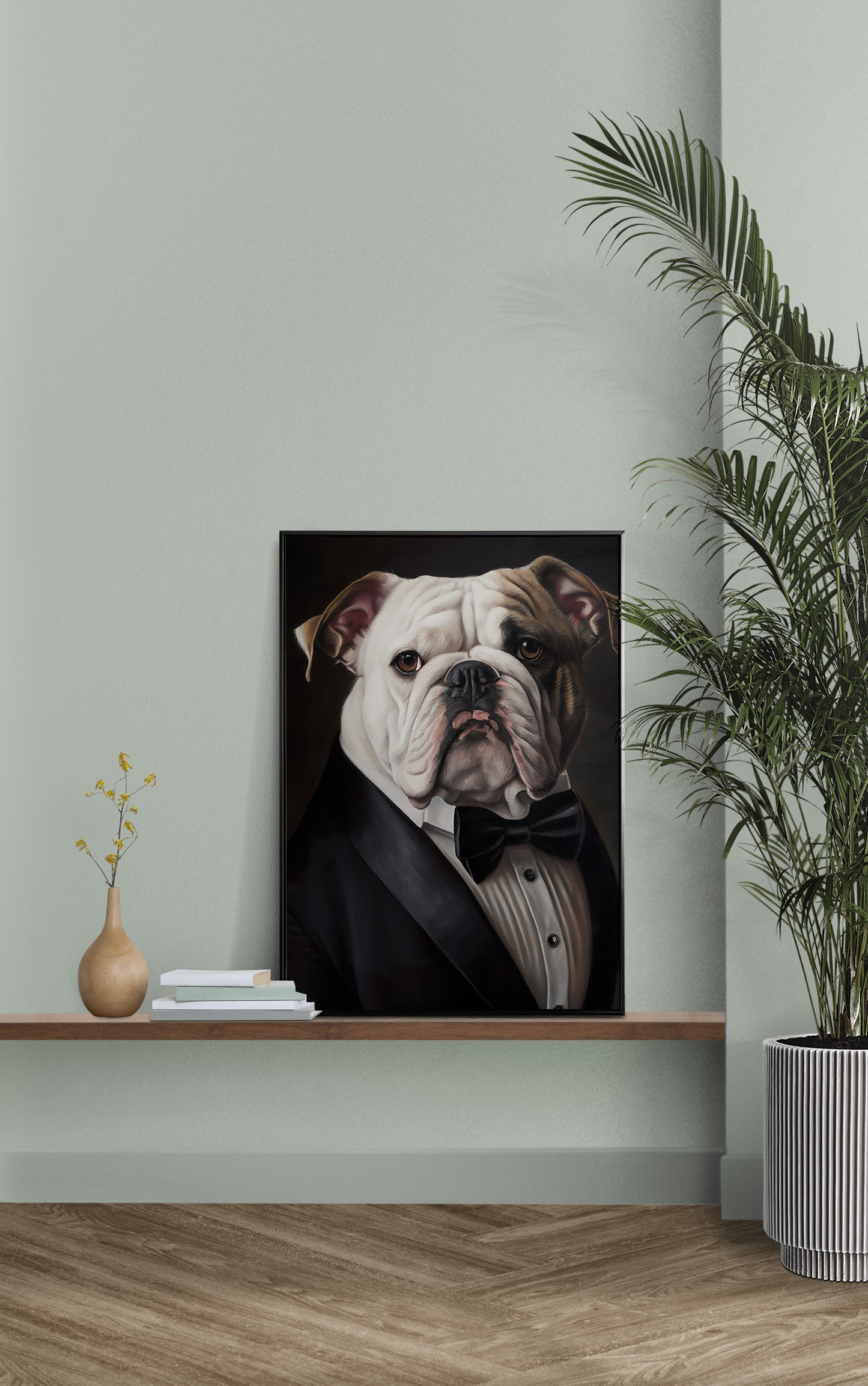 Poster Bulldog Anglais en Smoking | Art Mural Humour | Impression Bouledogue Tuxedo | Décoration Murale Chien Chic