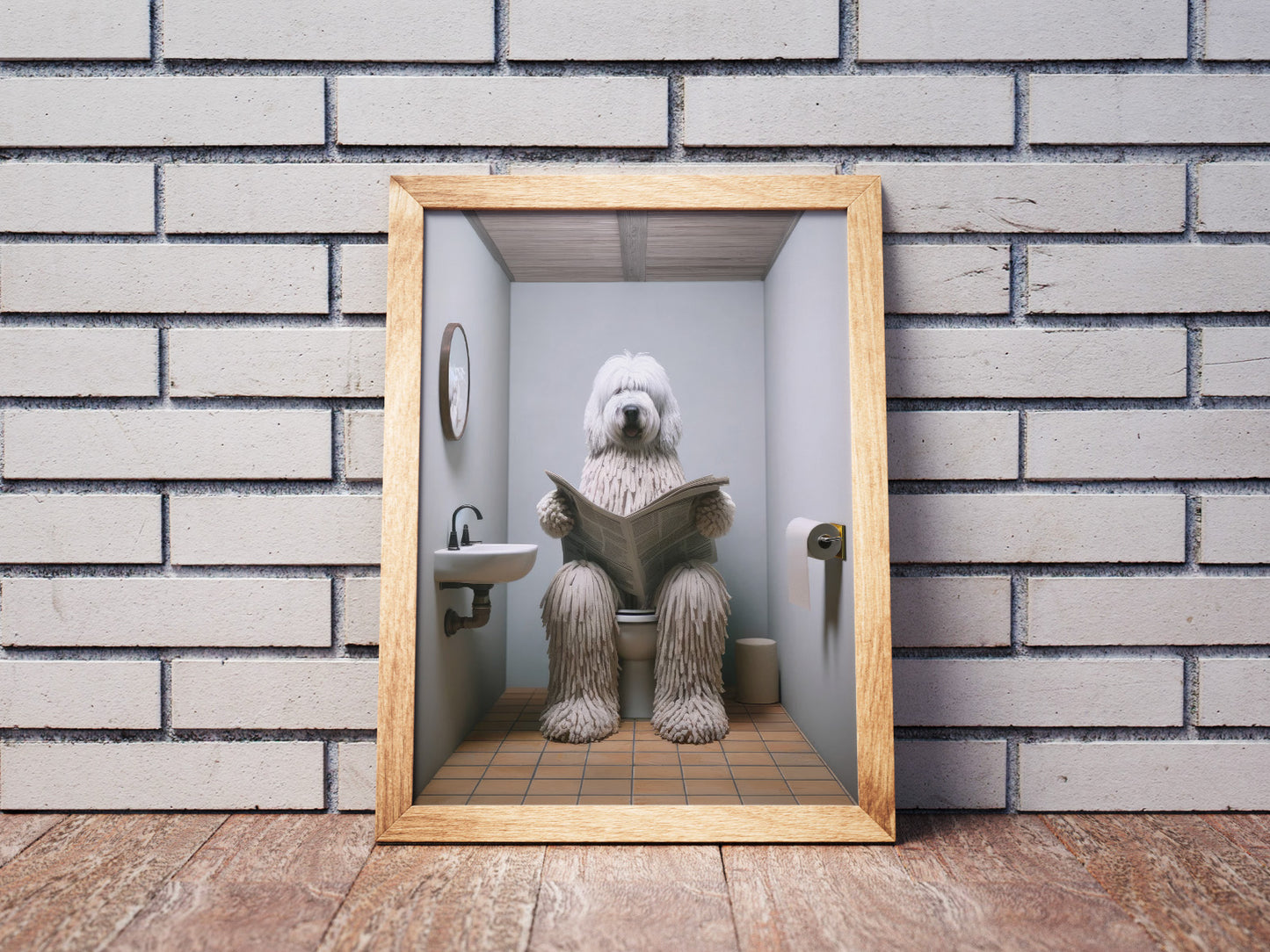 "Komondor Dog Reading Newspaper Poster - Funny Bathroom Decor Wall Art | Humorous WC Toilet Gag Gift"