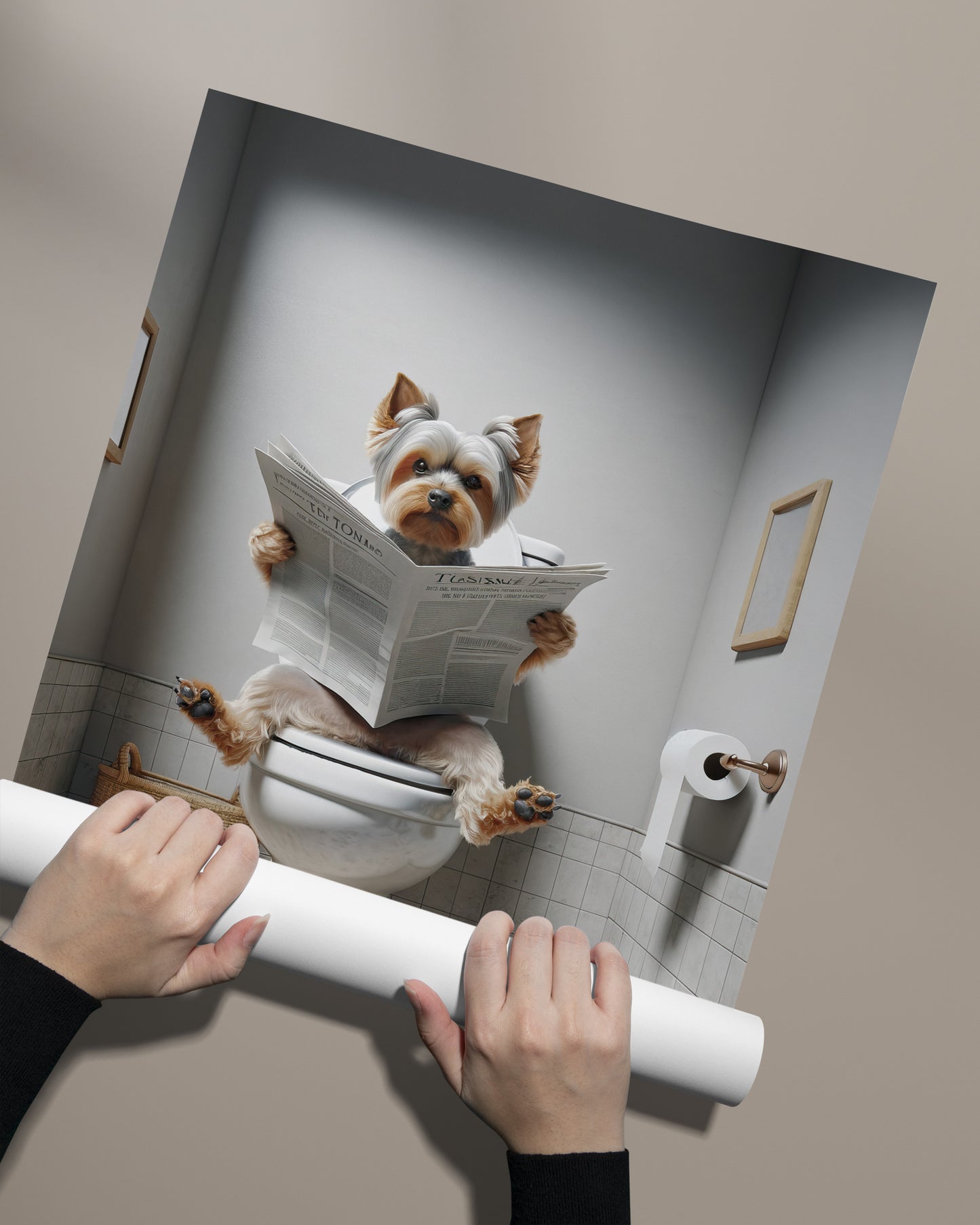 Funny Yorkshire Terrier Toilet Poster - Unique Bathroom Wall Art - WC Décor - Humorous Gift Idea - Reading Newspaper