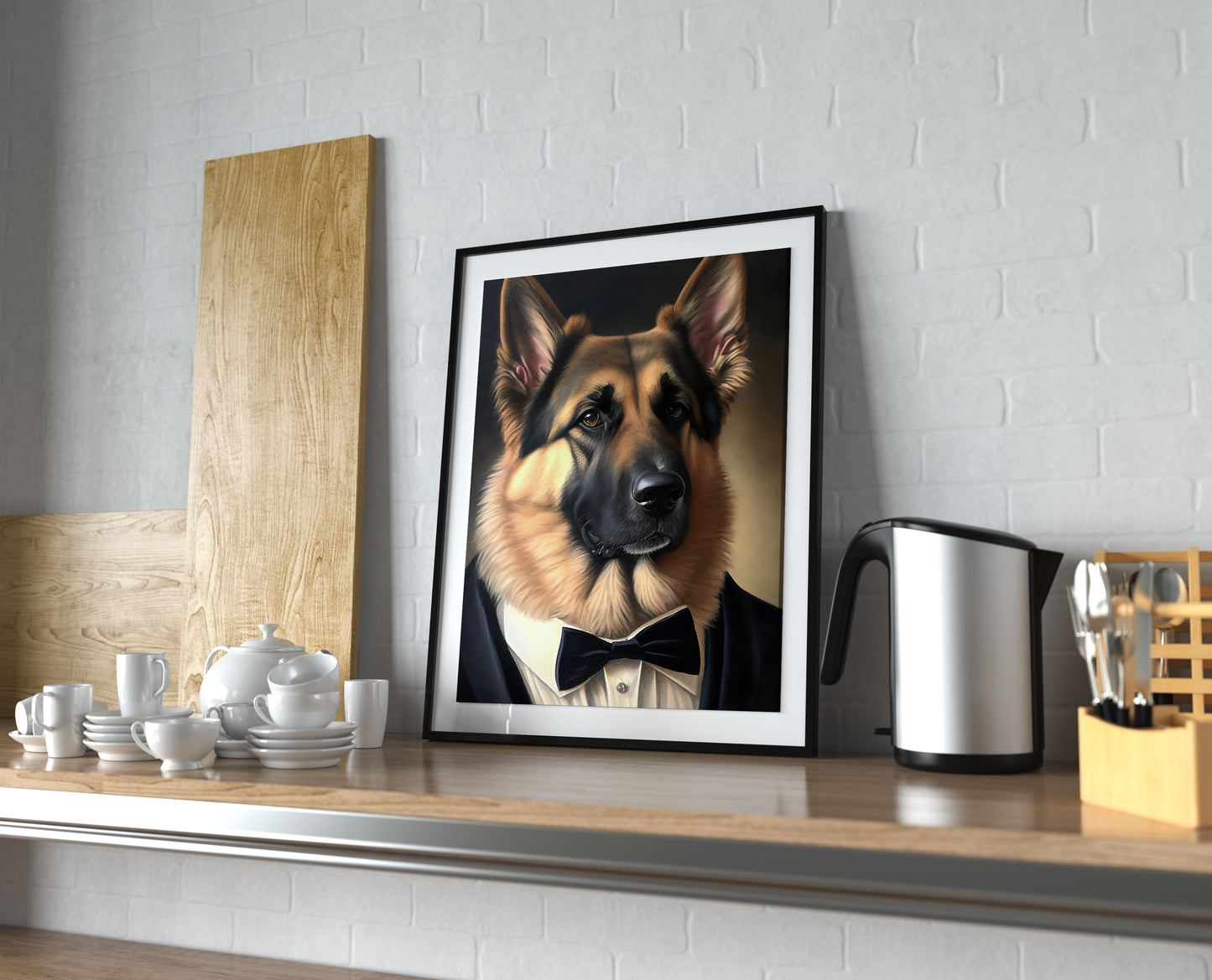 Poster Berger Allemand en Smoking - Impression Murale de Chien Chic et Humoristique, Tableaux Originaux Déco Murale