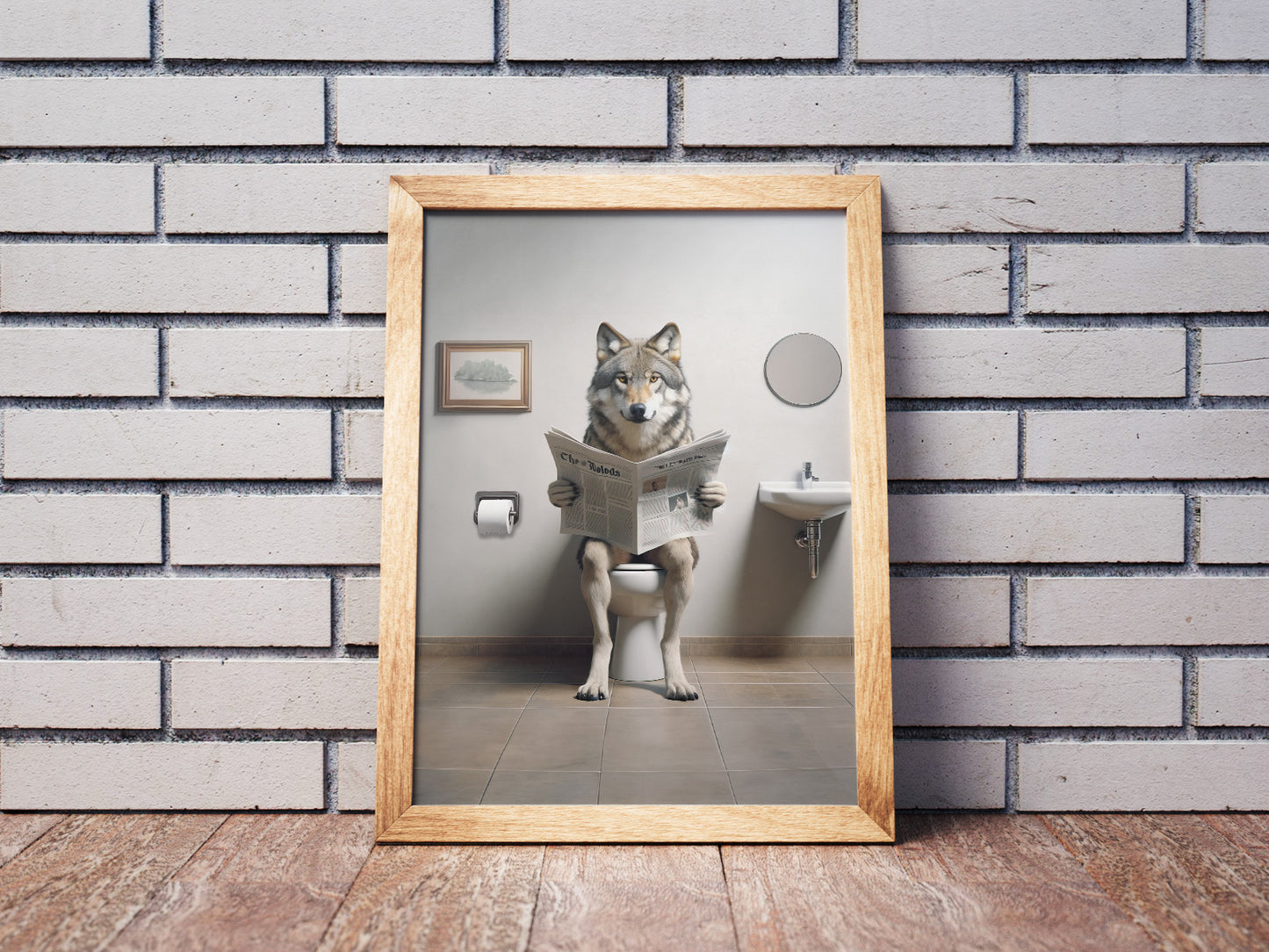 Wolf Reading Newspaper Toilet Poster - Funny Bathroom Decor | Unique Wall Art Gift for WC