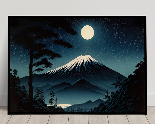 Poster Mont Fuji sous la Pleine Lune - Art Japonais, Décoration Murale Paysage Fujisan, Affiche à Encadrer