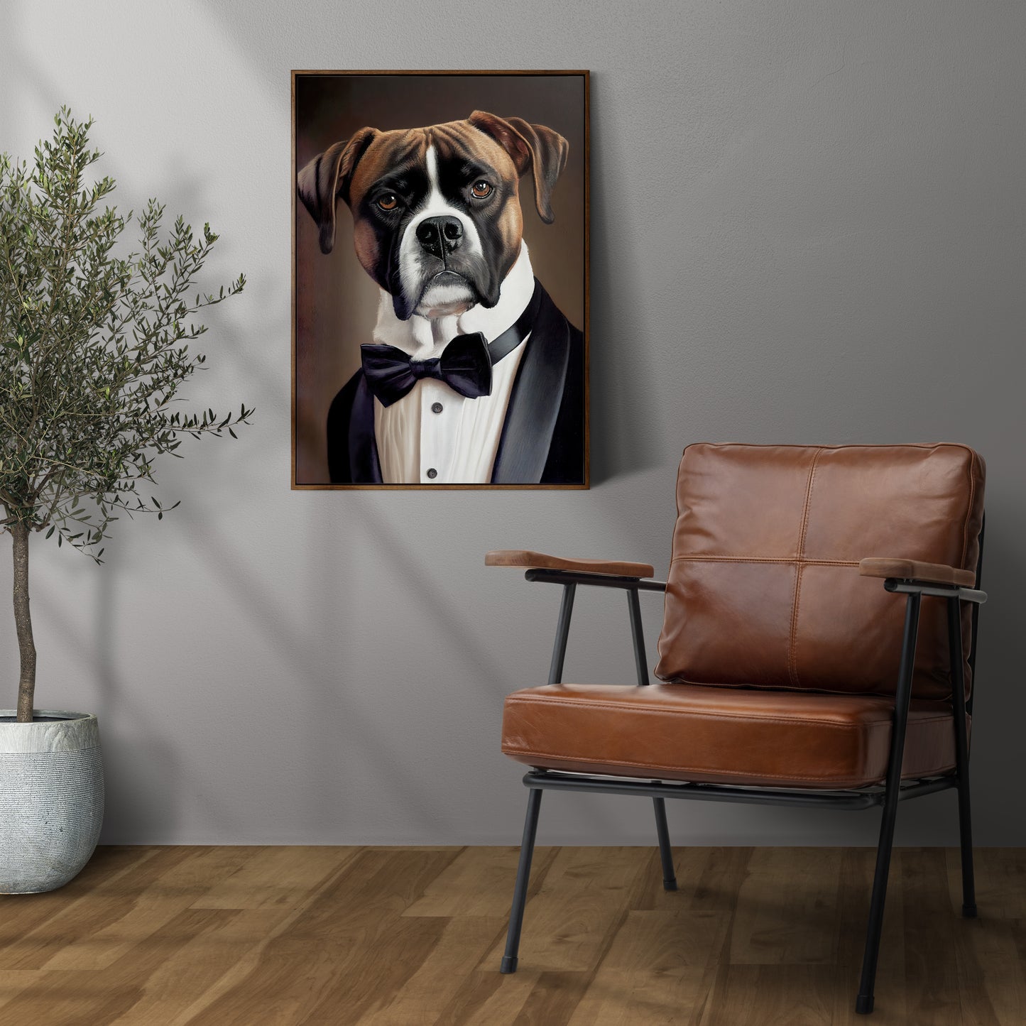 Poster de Chien Boxer en Smoking - Décoration Murale Animale Élégante, Art Mural Boxeur