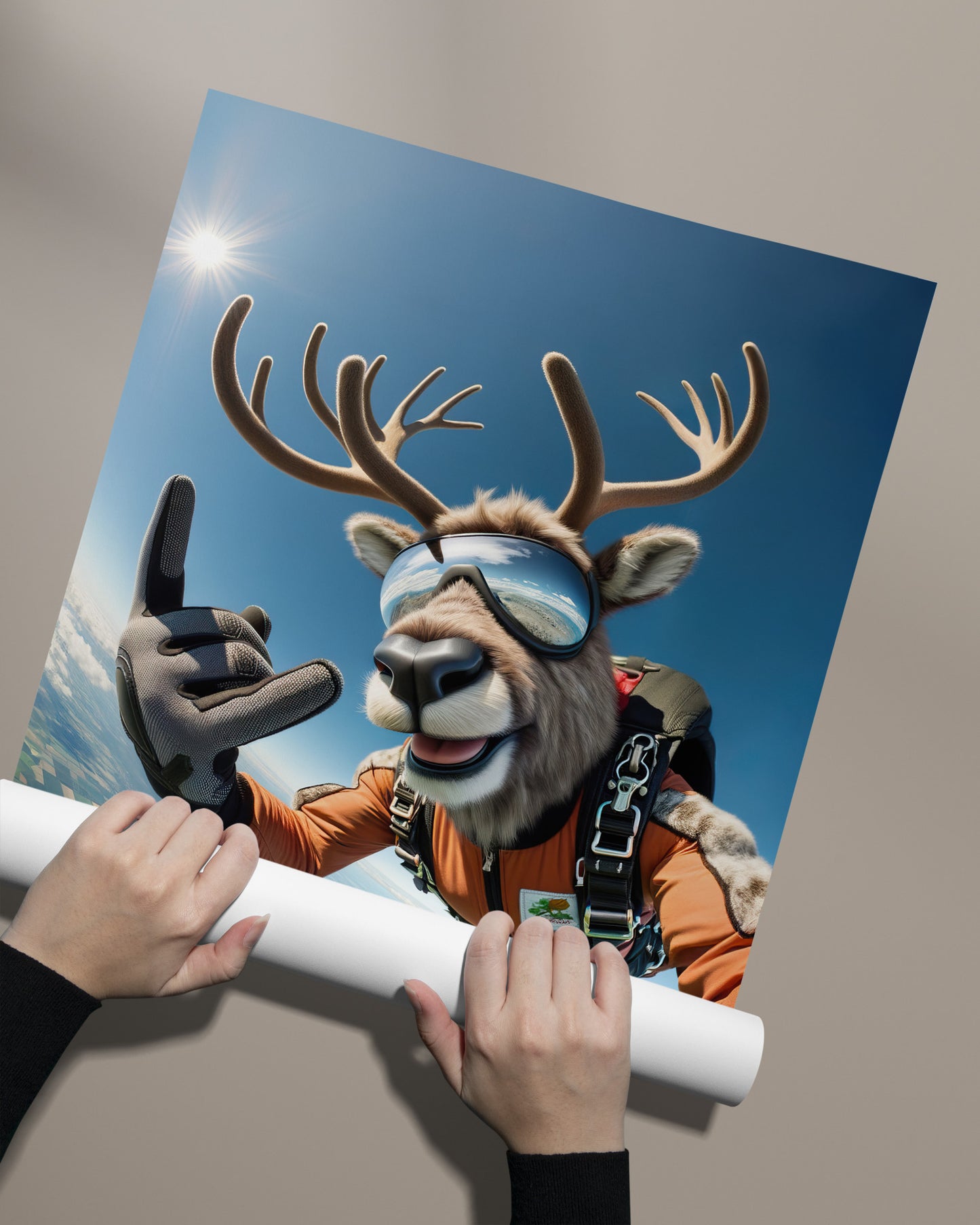 Skydiving Reindeer Poster - Epic Wall Art, Animal Print, Extreme Sport Decor, Perfect Gift for Animal Lovers