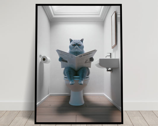 Affiche murale Chat Exotic Shorthair Bleu lisant sur toilettes, Déco humour WC & Salle de bain, Idée cadeau original