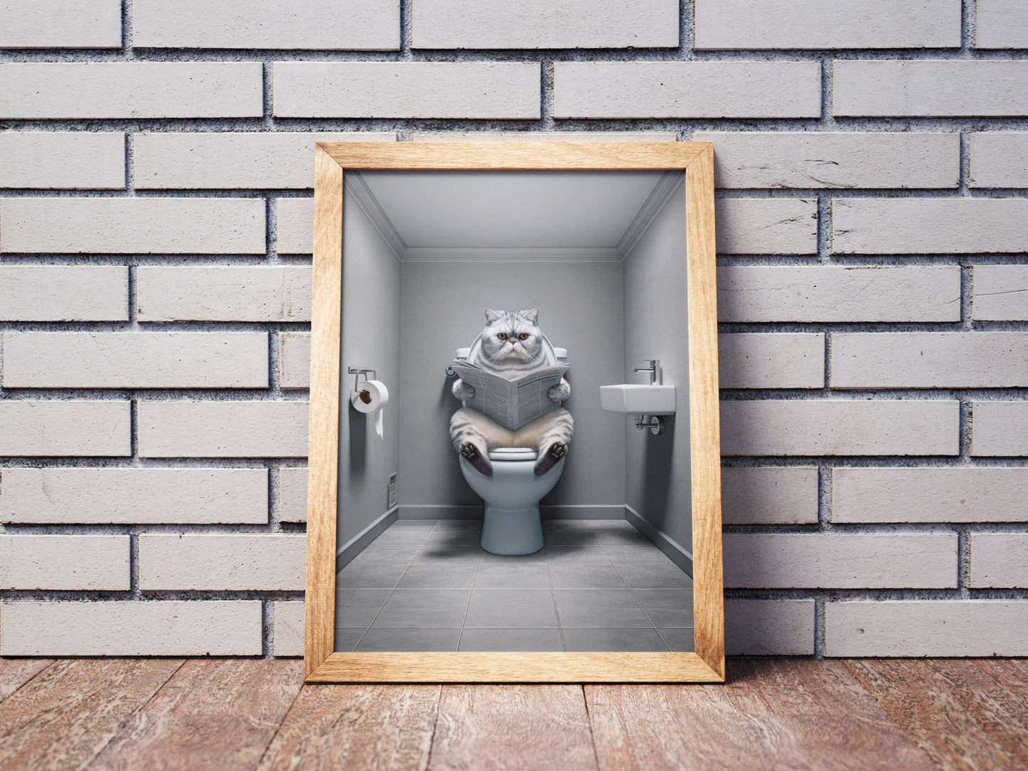 Affiche Murale Humour: Chat Gris Exotic Shorthair sur Toilettes - Déco WC Salle de Bain, Cadeau Original