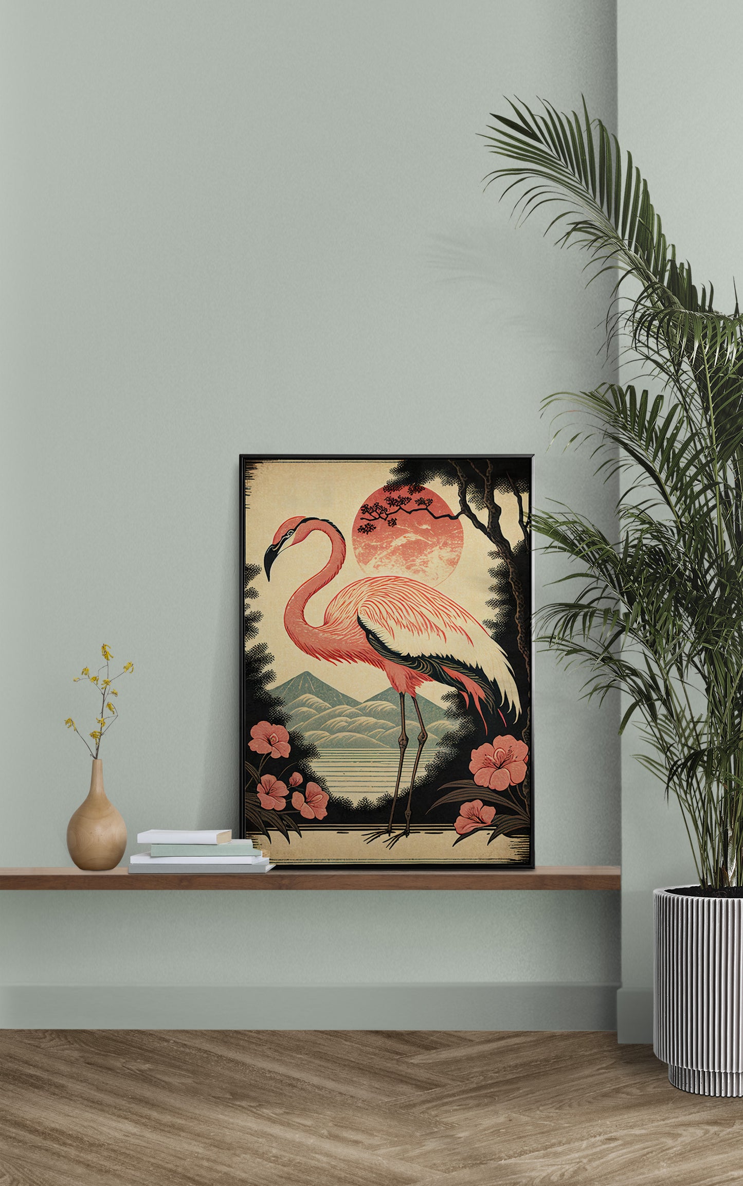 Poster Vintage Flamant Rose - Art Japonais Style Ukiyo-e, Impression Murale, Décoration Affiche Murale