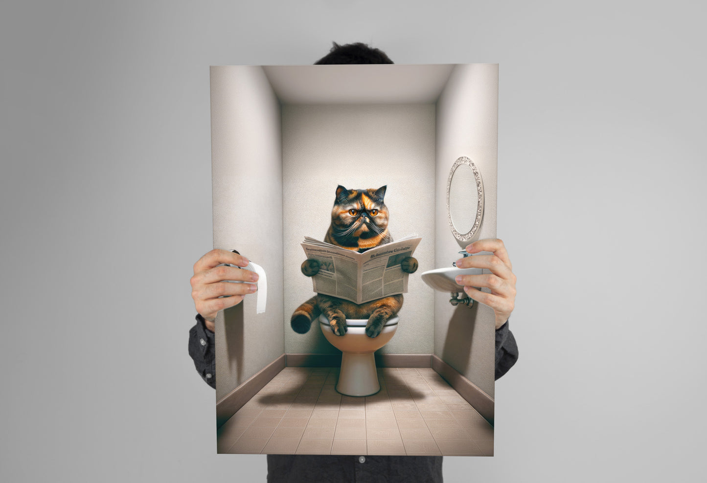 Affiche murale humour: Chat Exotic Shorthair lisant aux toilettes – Déco WC & Salle de bain