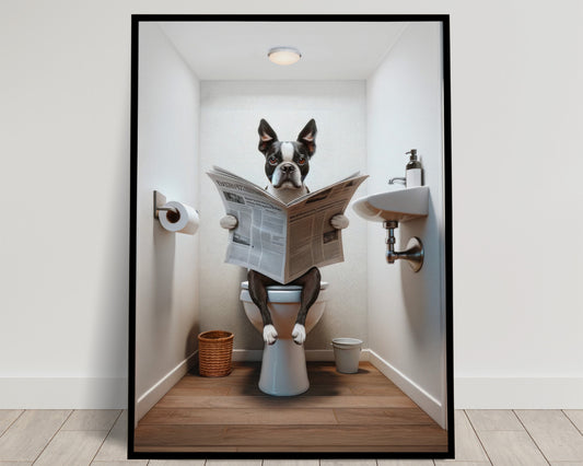 Poster Humoristique Boston Terrier, Déco WC, Cadre Salle de Bain, Art Mural, Cadeau Original Toilettes