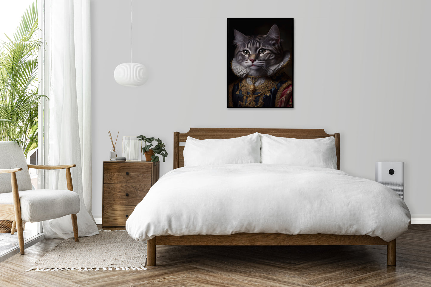 Poster à encadrer : Chat gris noble style baroque, Décoration murale féline, Affiche artistique d'animaux