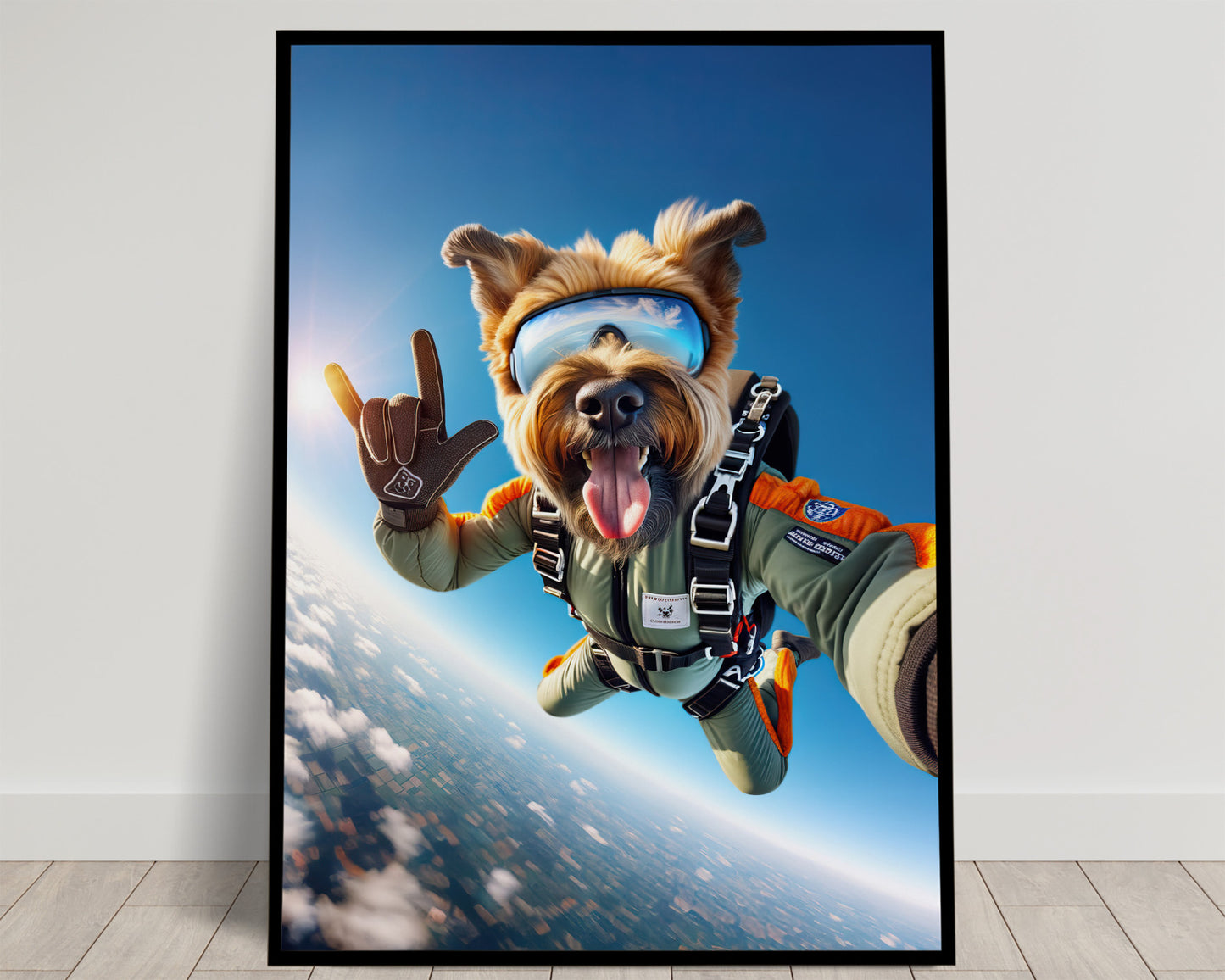 Affiche murale Briard en chute libre - Poster Chien Parachutiste, Décoration Sport Extrême, Idée cadeau originale