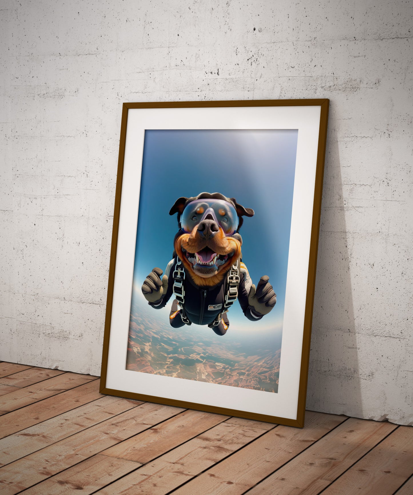 Poster Chien Rottweiler en Chute Libre - Affiche Murale Saut en Parachute - Décor Sport Extrême - Cadeau Unique