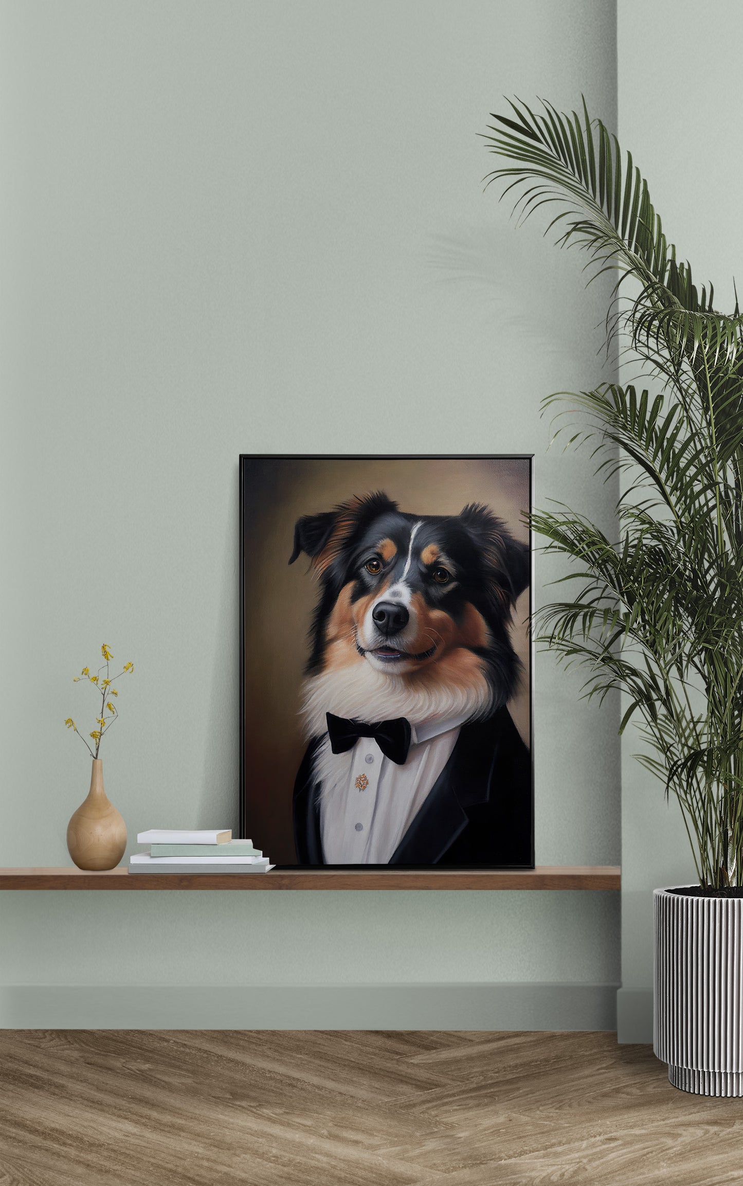 Chic Dog Poster - Australian Shepherd in Tuxedo | Humorous Wall Art | Portrait Print