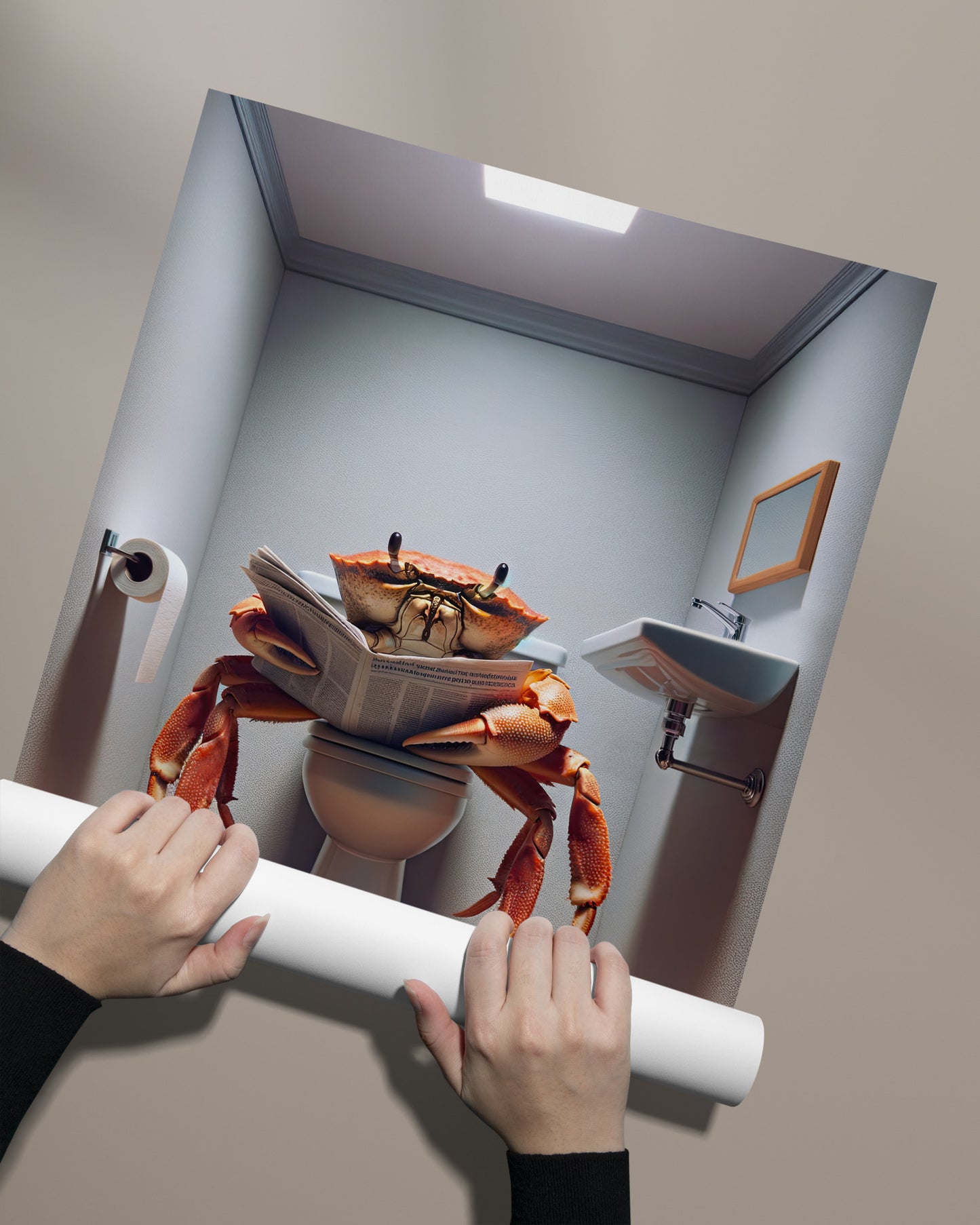 Poster Crabe lisant le journal sur les toilettes - Décoration Humour WC, Affiche Salle de Bain, Idée Cadeau Amusante