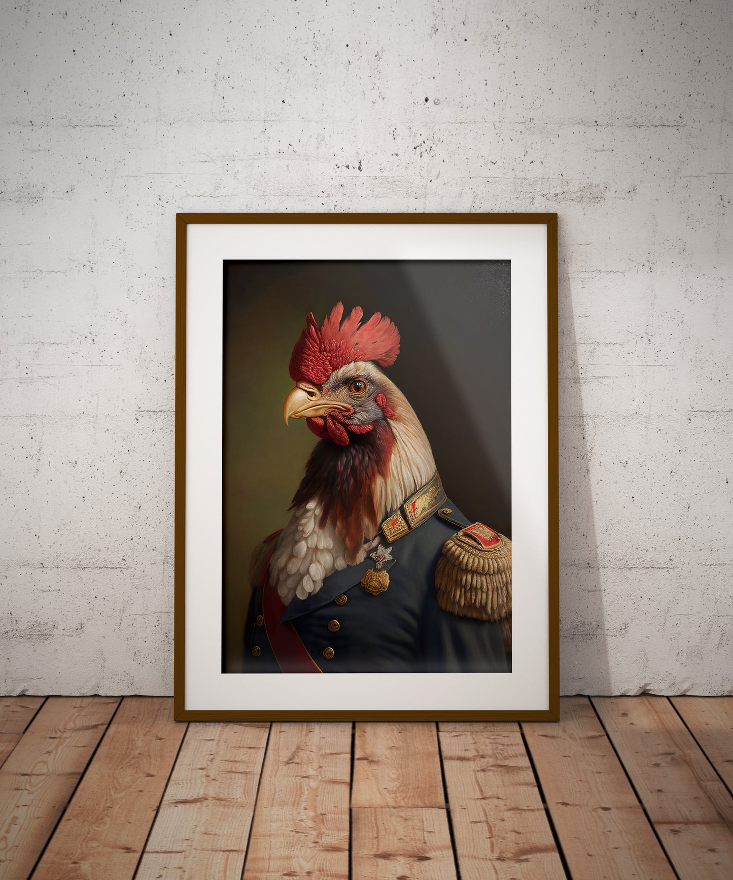 Heroic Rooster in Military Uniform Poster - Unique Animal Wall Art, Framed Poultry Decor, Perfect for Home & Office