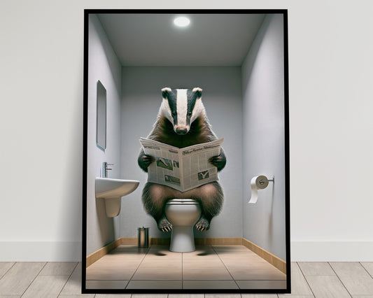 Funny Bathroom Decor Poster - Badger Reading Newspaper on Toilet | WC Wall Art | Unique Gag Gift for Bathroom Spaces