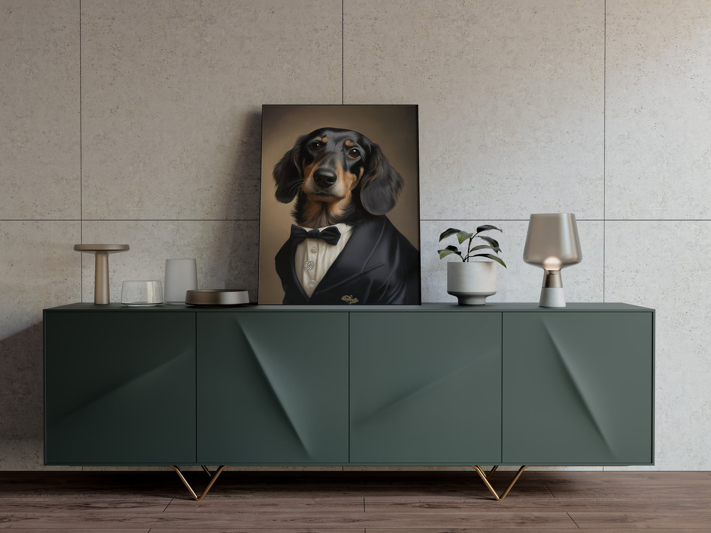 Poster Portrait Teckel en Smoking - Impression Murale Tuxedo - Art Mural Chien Chic et Humoristique