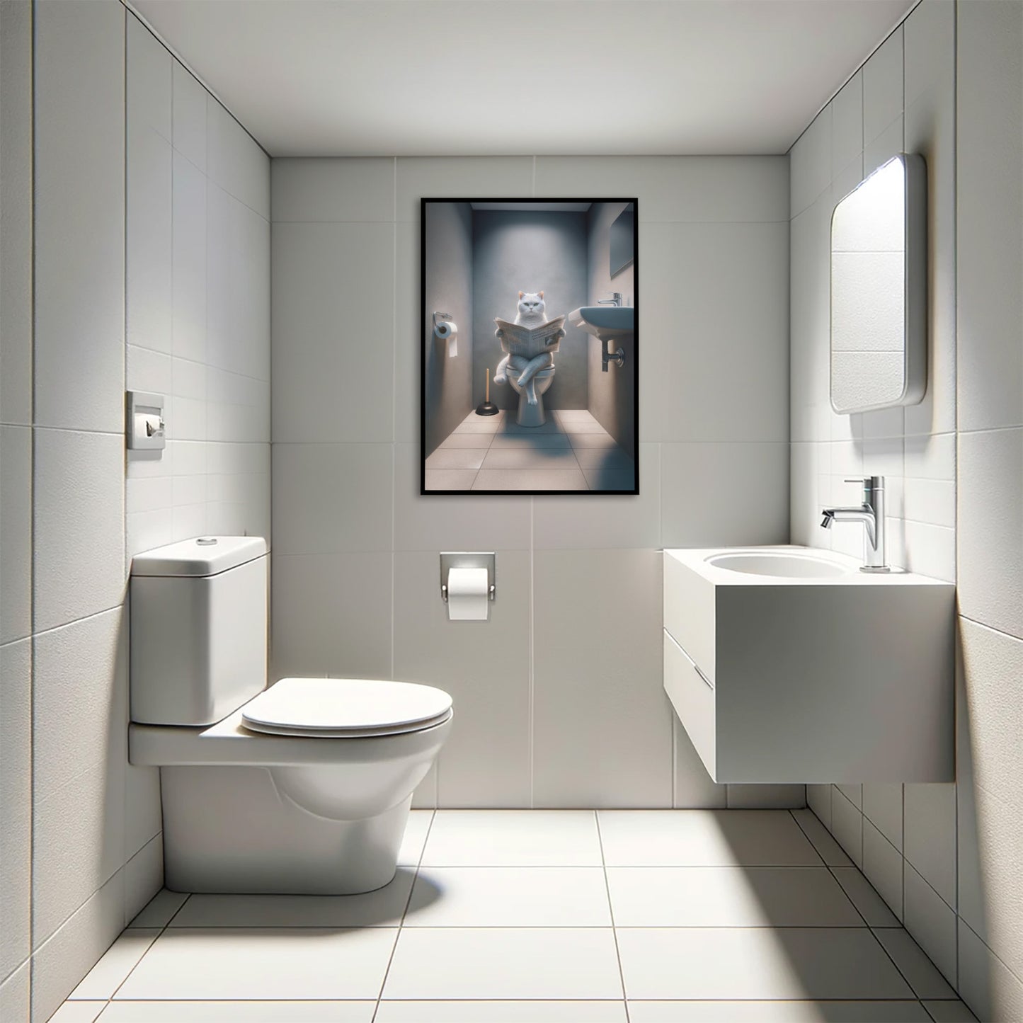 Affiche Murale Chat British Shorthair Blanc aux Toilettes - Déco Humour WC & Salle de Bain, Cadeau Amusant