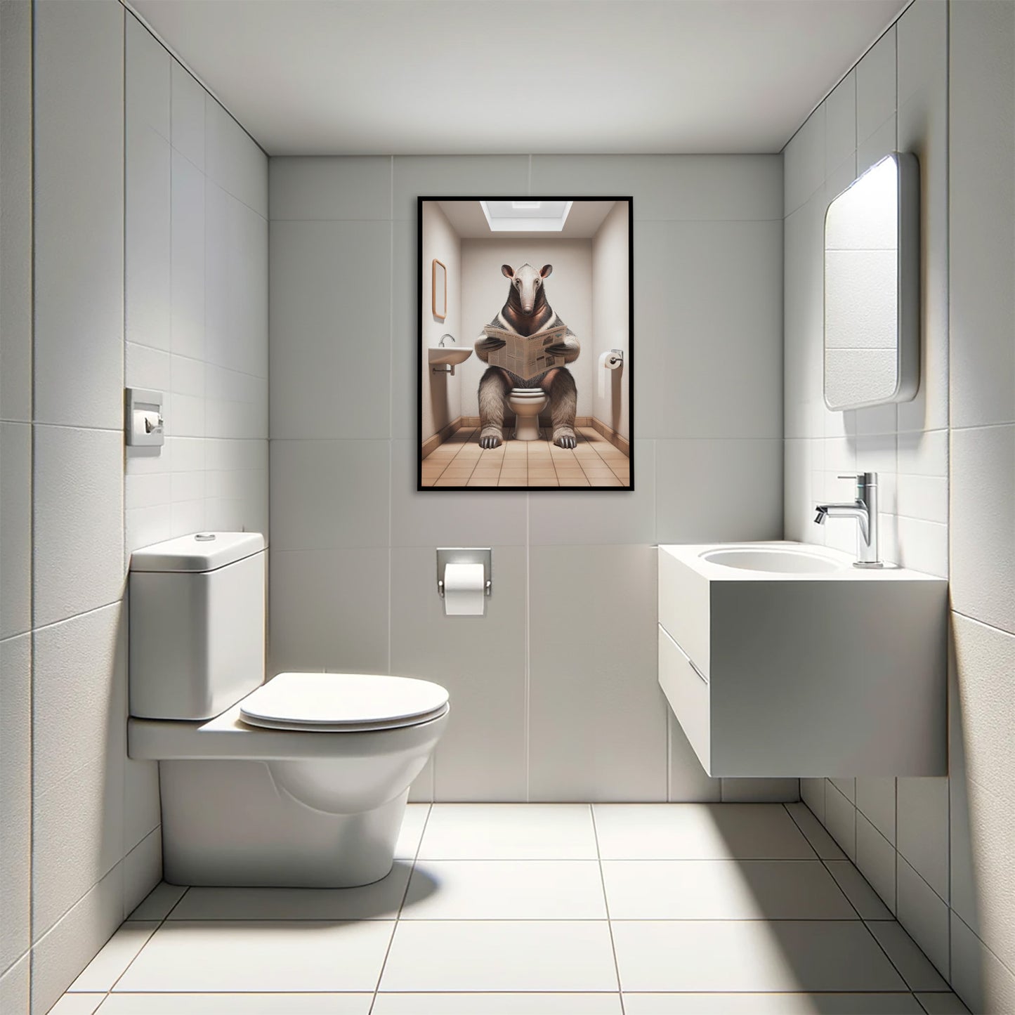 Poster d'un Fourmilier lisant le journal, Décoration Humour WC, Cadre déco Salle de bain, Cadeau Original Toilettes