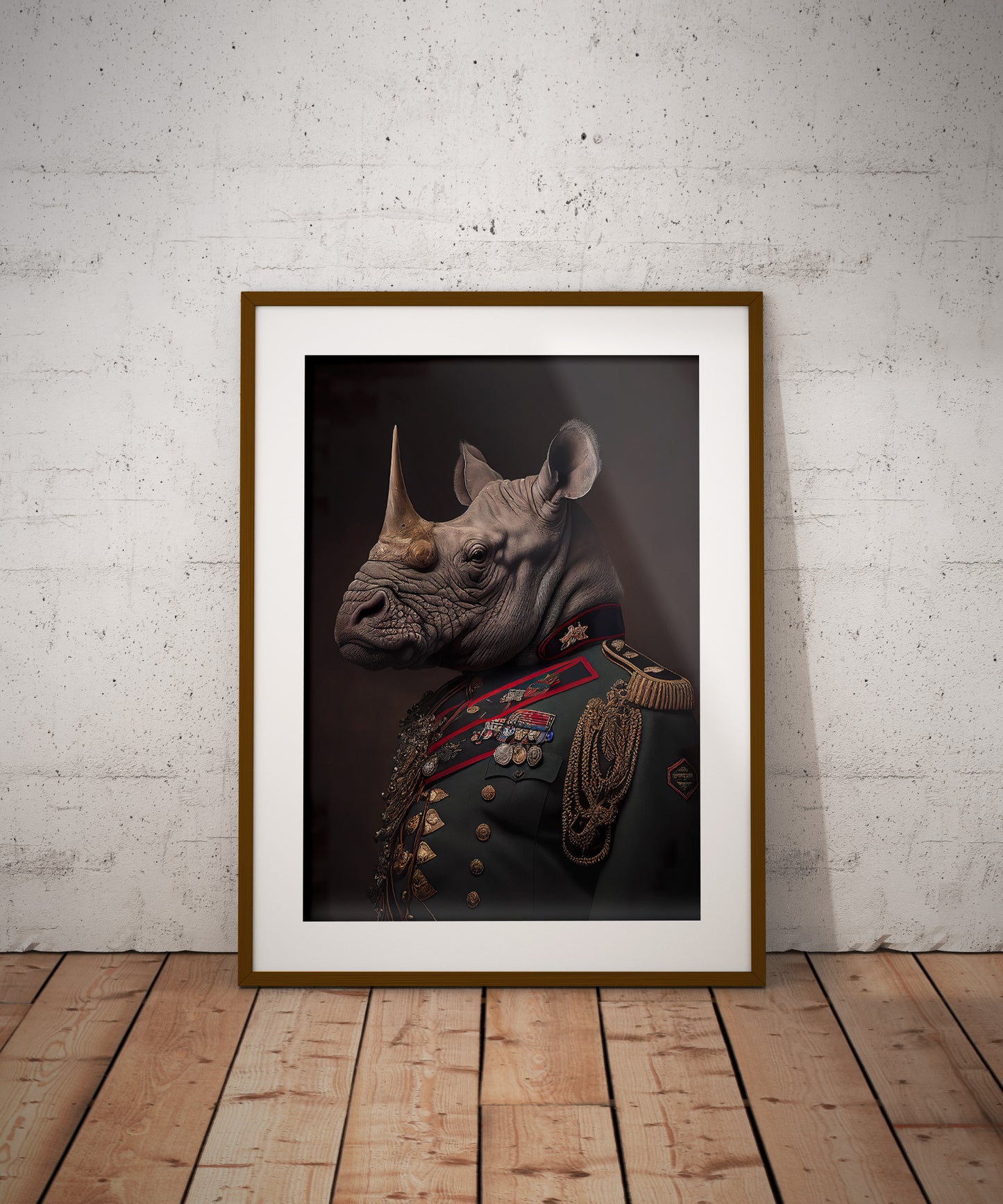 Affiche Rhinocéros en Uniforme Militaire - Poster Murale Animaux pour Décoration à Encadrer