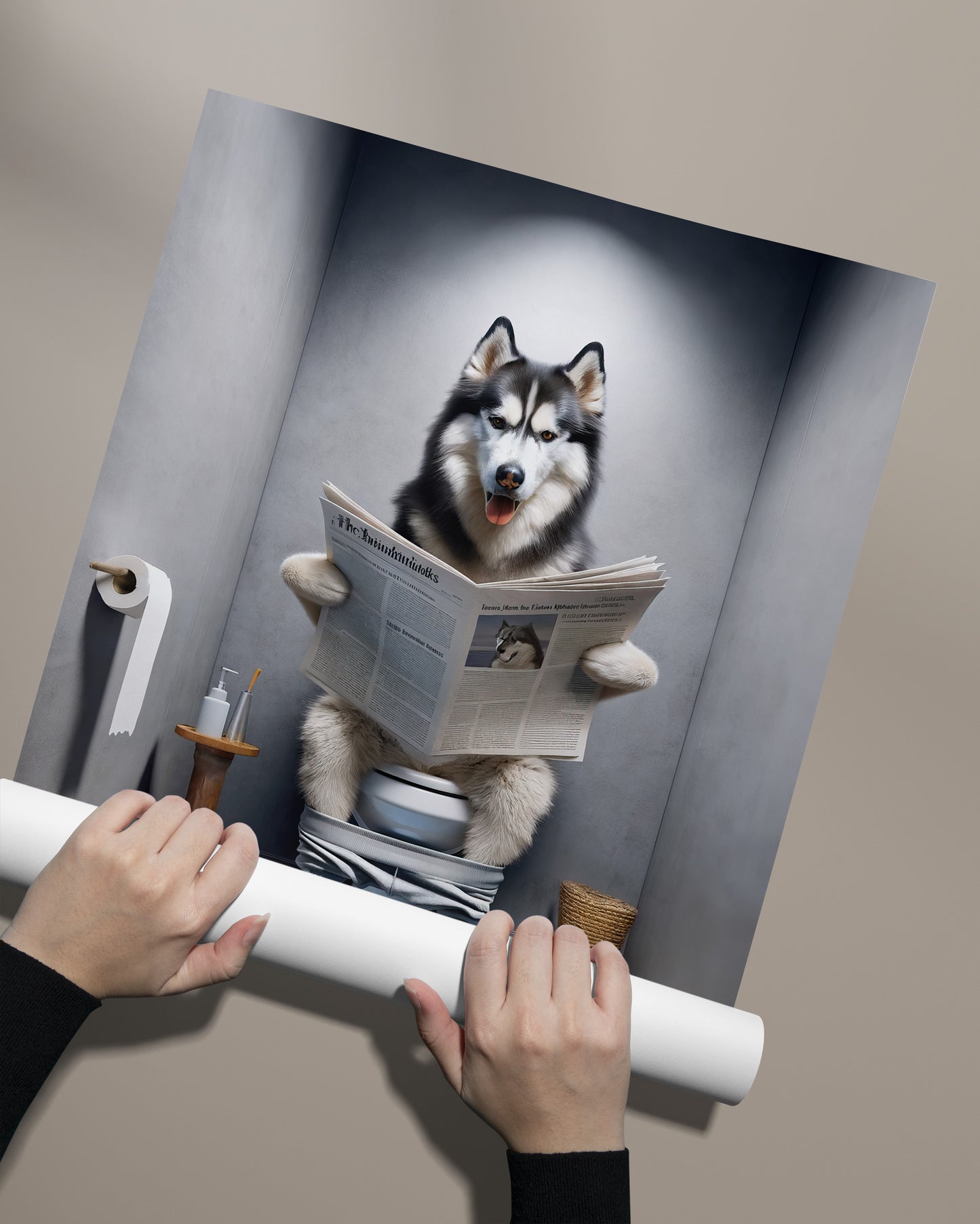 Poster Humoristique Husky lisant le Journal, Déco WC, Cadre Salle de Bain, Idée Cadeau Amusante