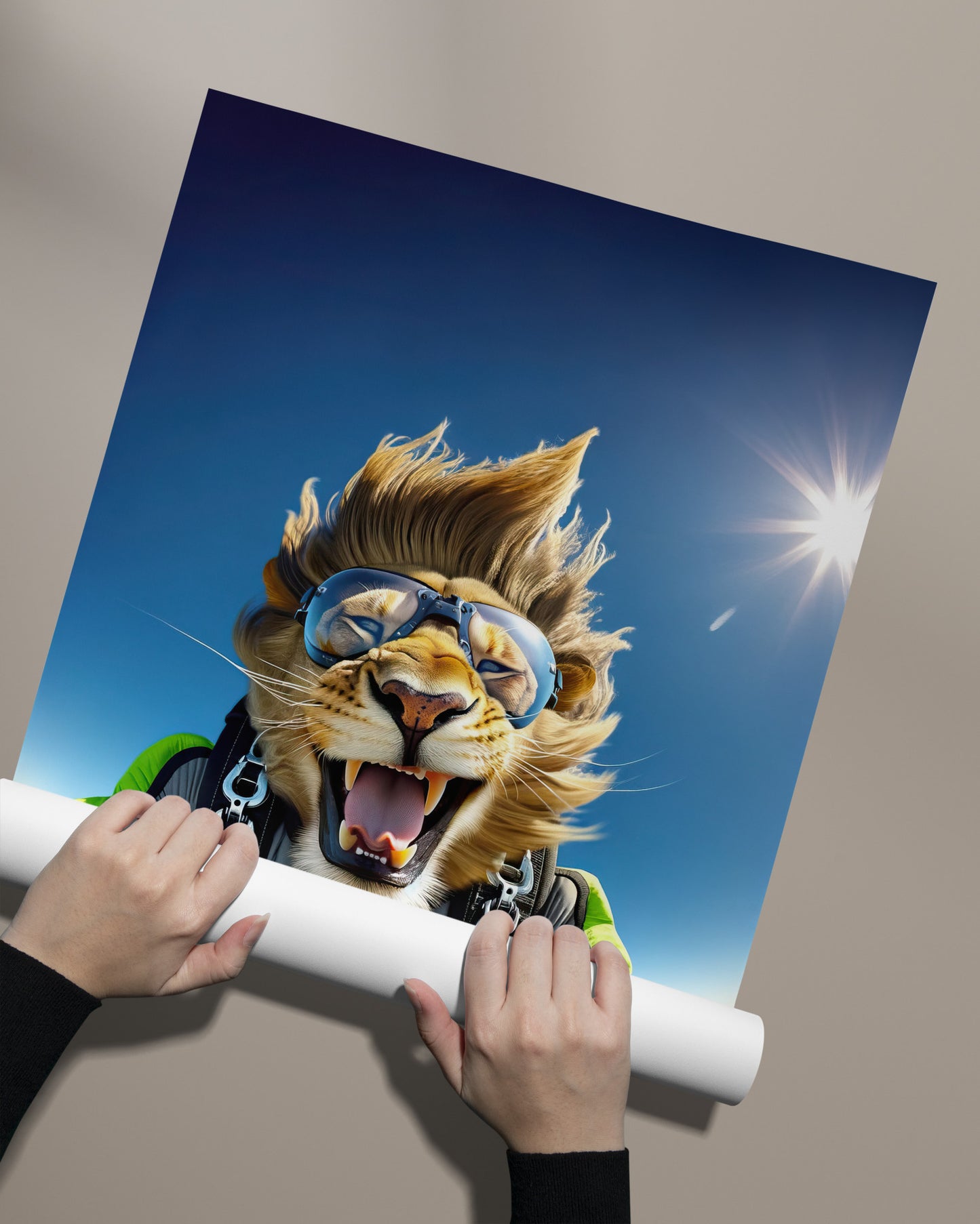 Skydiving Lion Poster - Epic Wall Art - Extreme Sport Decor - Unique Animal Print for Animal Lovers