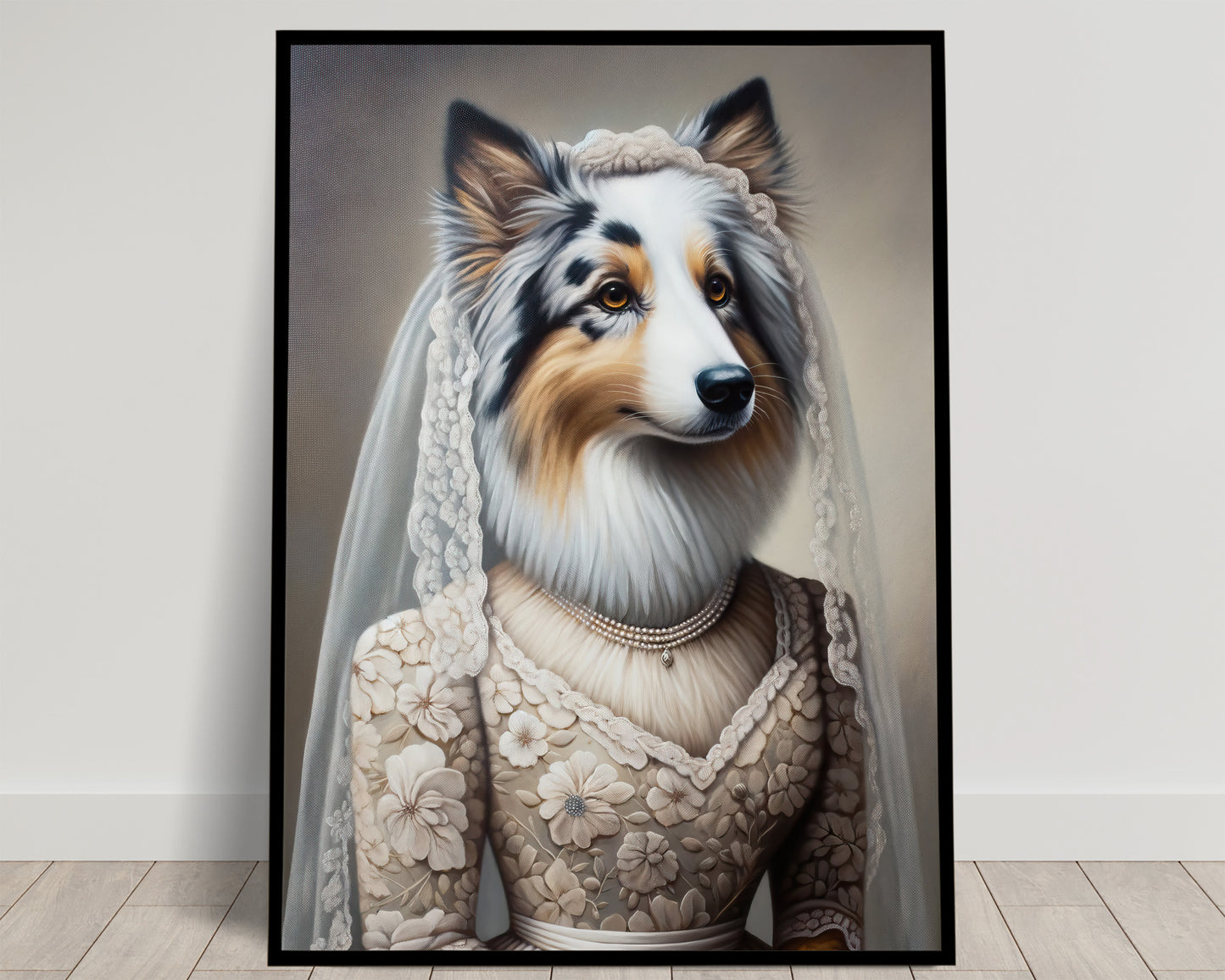 Australian Shepherd Poster in Wedding Dress - Funny Dog Bride Wall Art Decor - Unique Gift Frame