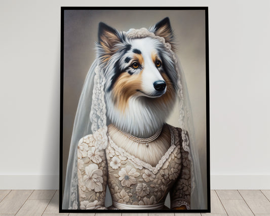 Poster Chien en Robe de Mariée - Affiche Décoration Murale Humour Animal, Cadre Portrait Berger Australien