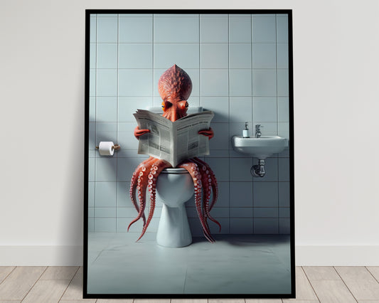 Funny Bathroom Wall Art – Octopus Reading Newspaper Toilet Poster | Unique WC Decoration & Humorous Gift