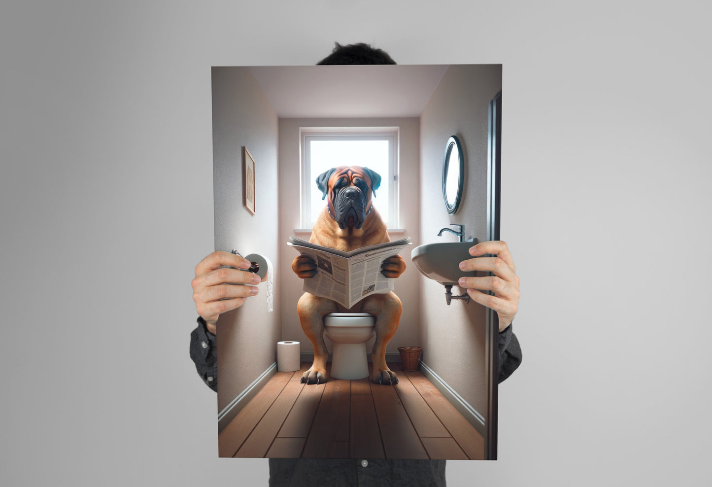 Bullmastiff Dog Reading Newspaper Poster – Funny Bathroom Wall Art, Gag Gift – WC Toilet Decor