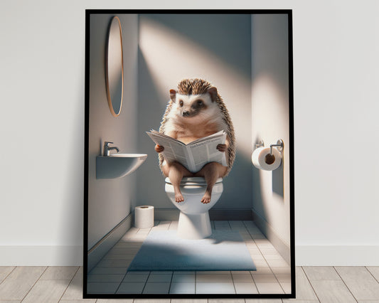 Hedgehog Reading Newspaper Toilet Poster - Funny Bathroom Decor, Unique Wall Art, WC Gag Gift 