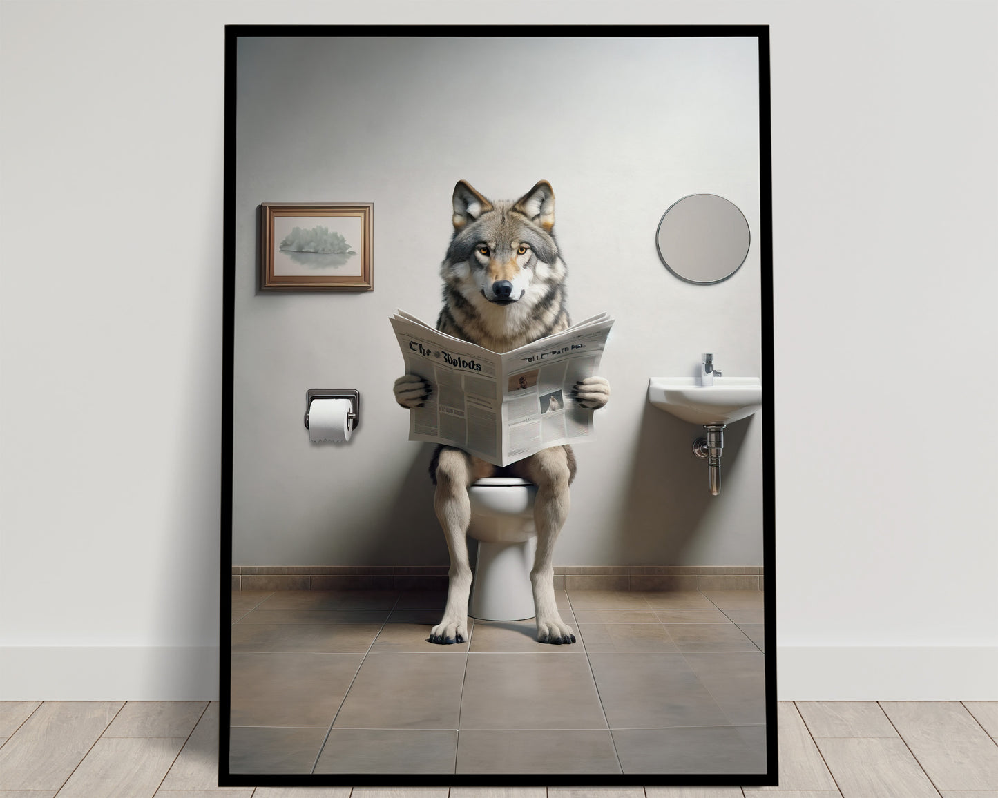 Wolf Reading Newspaper Toilet Poster - Funny Bathroom Decor | Unique Wall Art Gift for WC