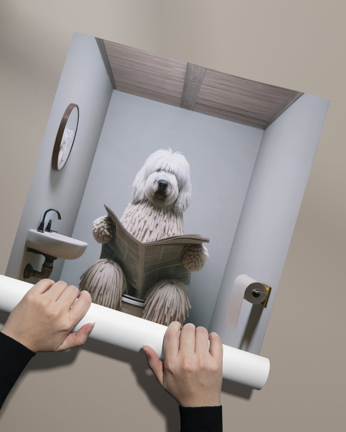 Poster Chien Komondor lisant le journal, Déco Humoristique WC, Cadre Salle de Bain, Cadeau Fun