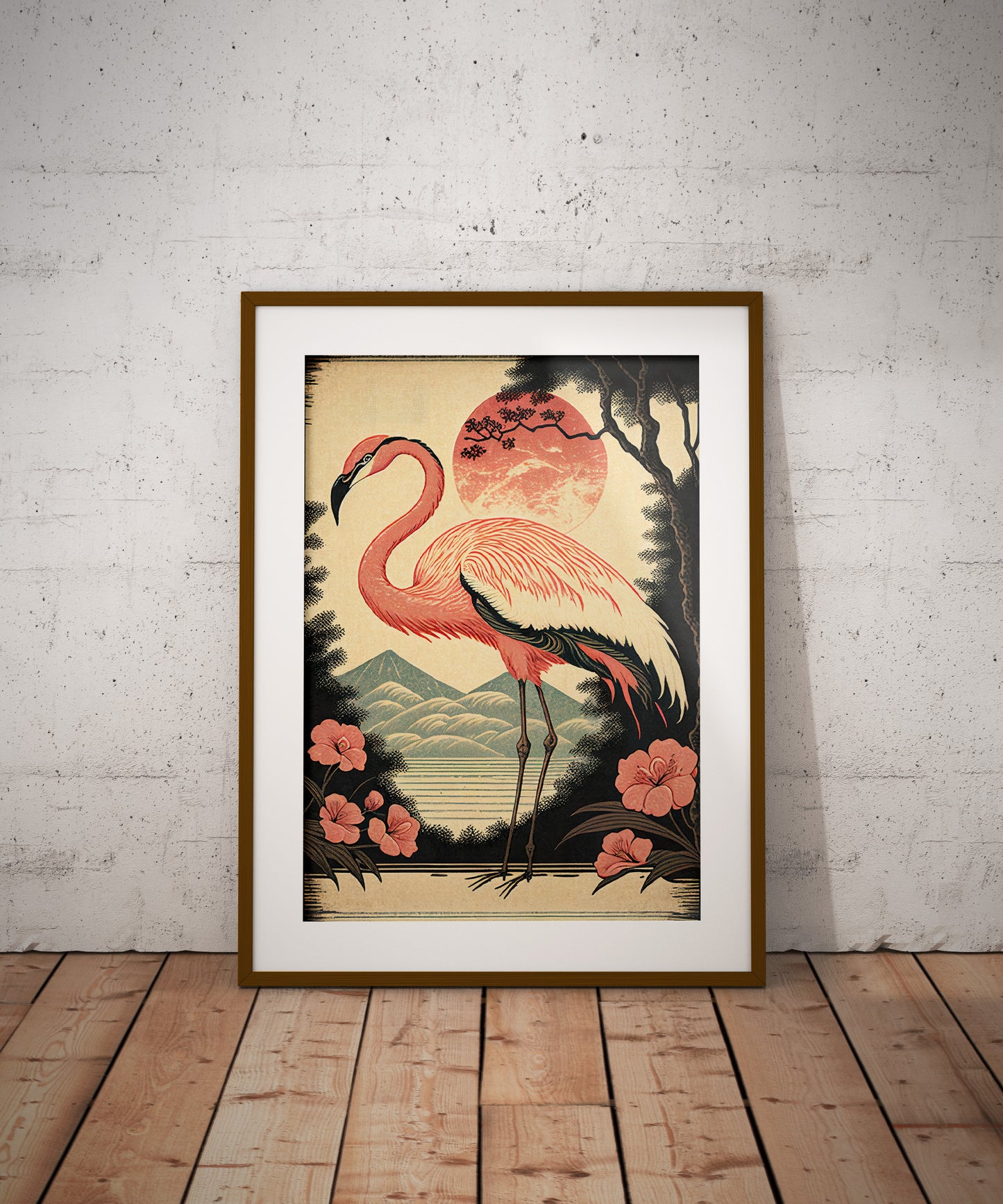 Poster Vintage Flamant Rose - Art Japonais Style Ukiyo-e, Impression Murale, Décoration Affiche Murale