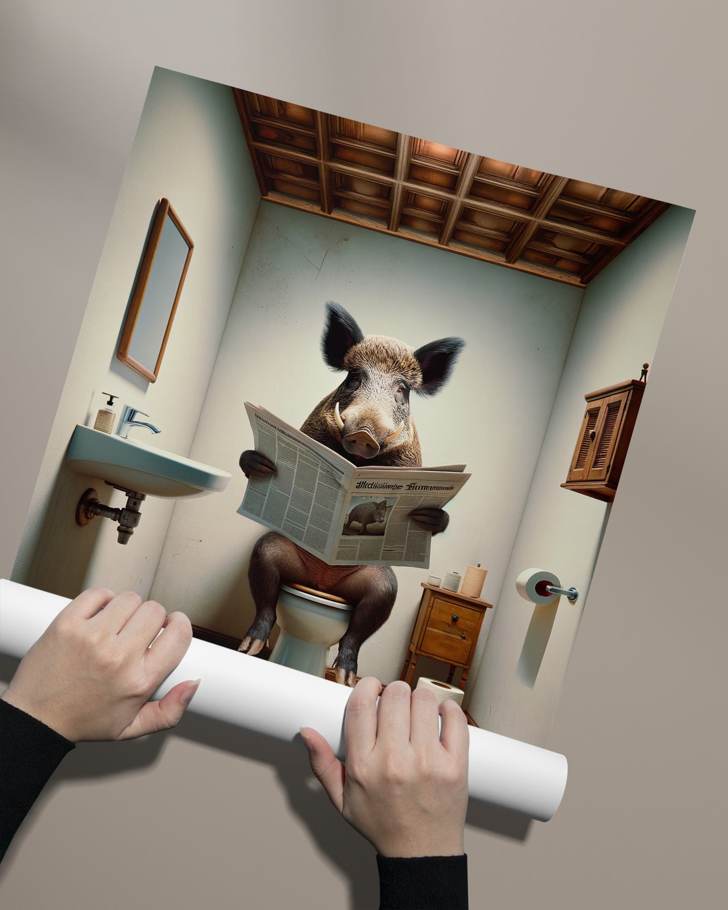 Quirky Boar Reading Newspaper Bathroom Wall Art - Funny WC Toilet Poster & Unique Gag Gift Decor