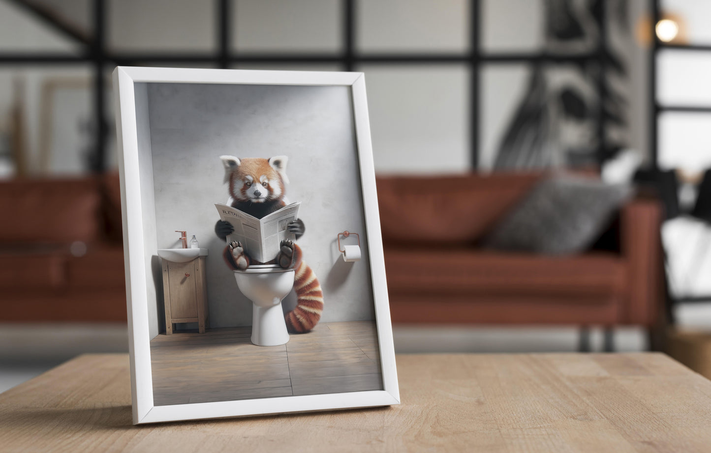 Red Panda Reading Newspaper - Funny Bathroom Wall Art Poster | Unique WC Toilet Decor | Perfect Funny Gift