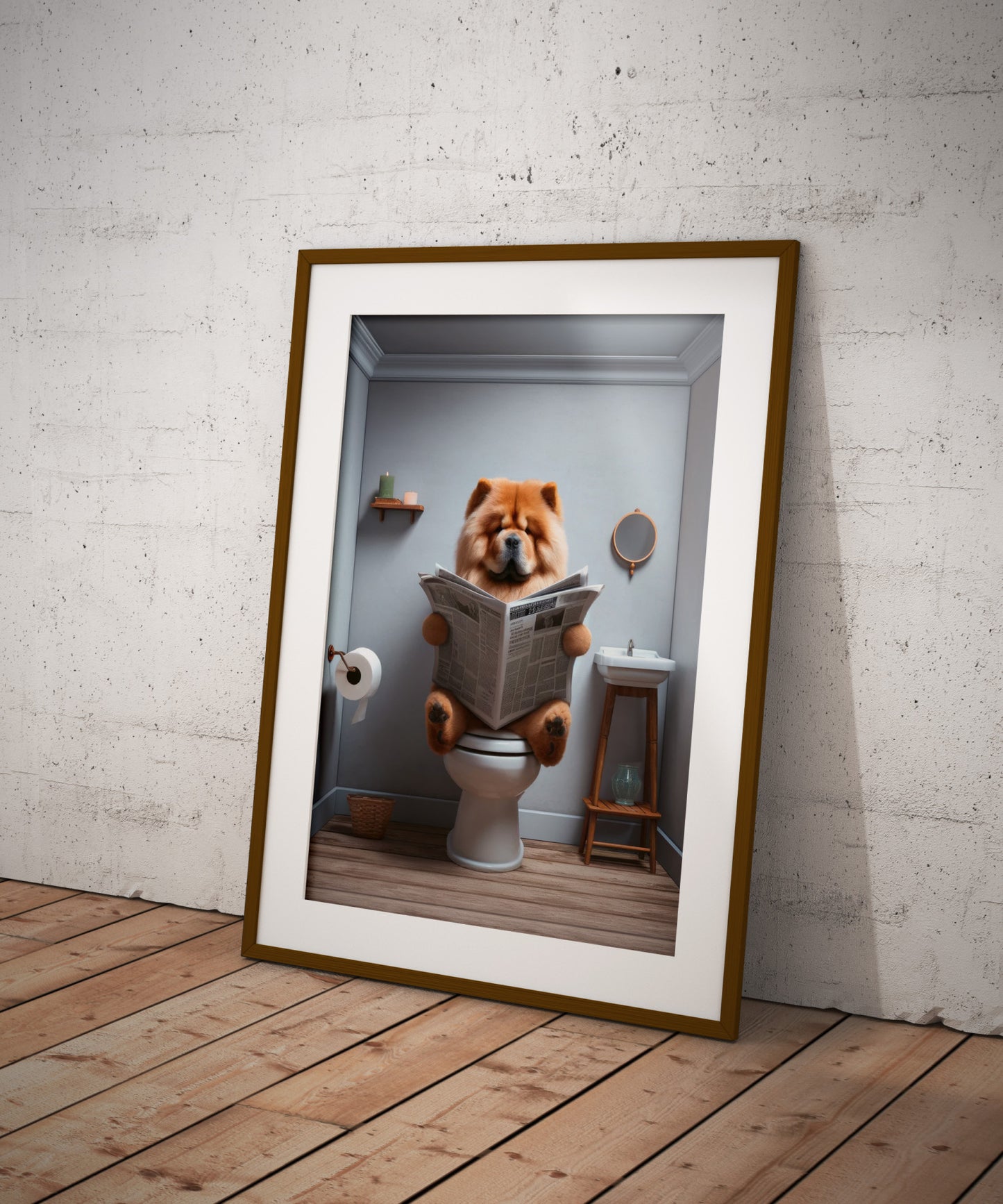 Poster Humoristique de Chow Chow lisant le journal, Déco WC Amusante, Cadre Salle de Bain, Cadeau Fun Chien