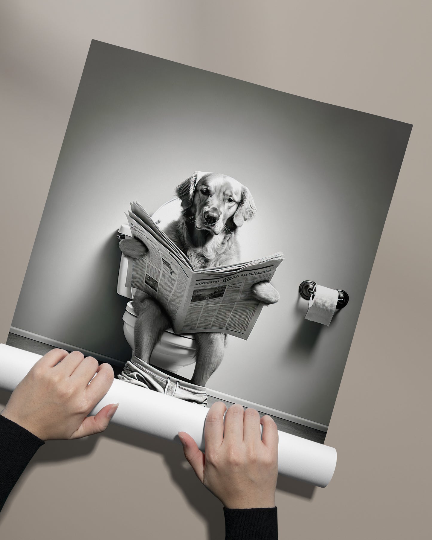 Poster humoristique de Golden Retriever lisant le journal, Déco WC amusante, Cadre salle de bain, Idée cadeau rigolo