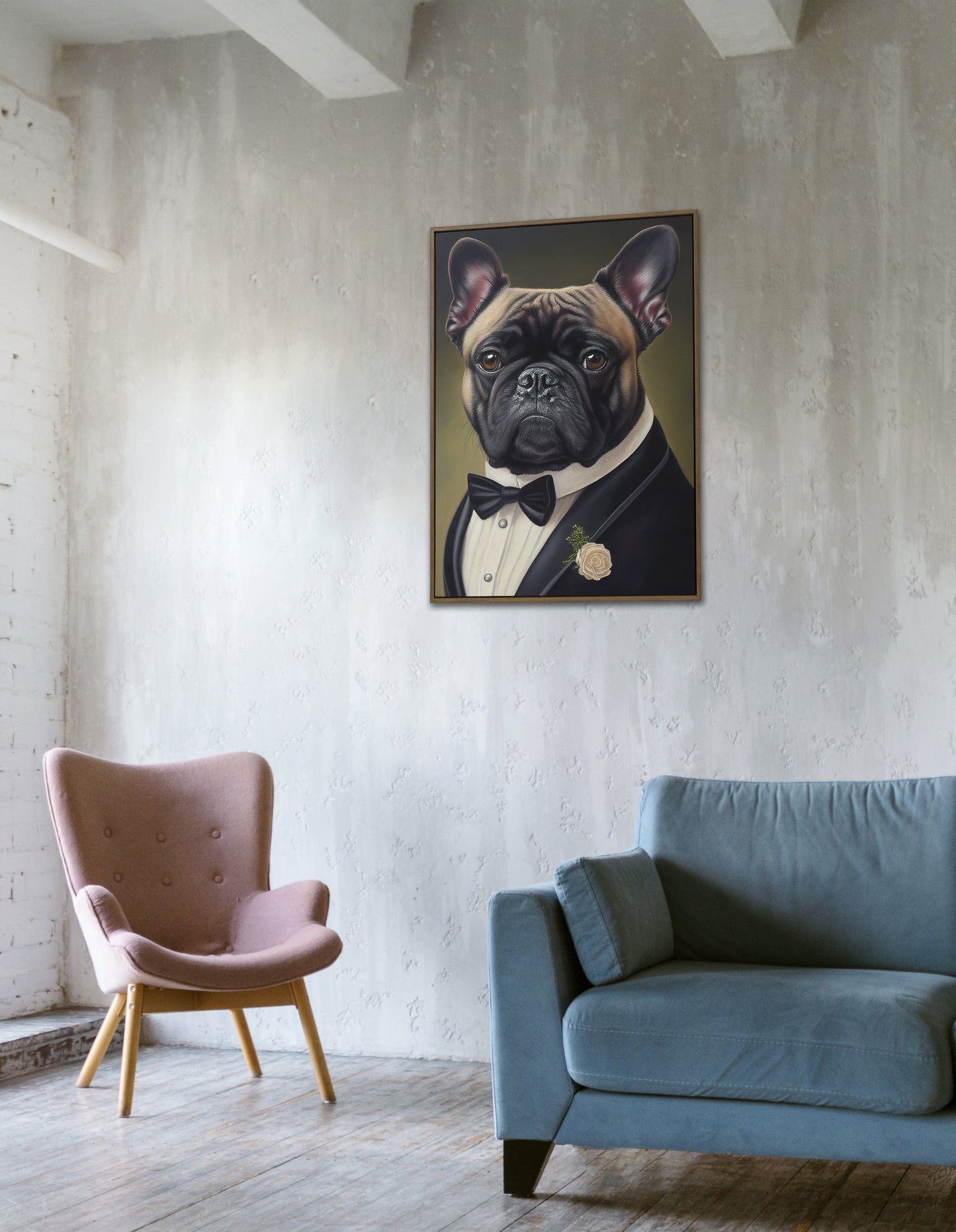 Poster chien chic - Portrait Bulldog français en smoking et tuxedo, Impression murale humoristique, Tableau déco murale