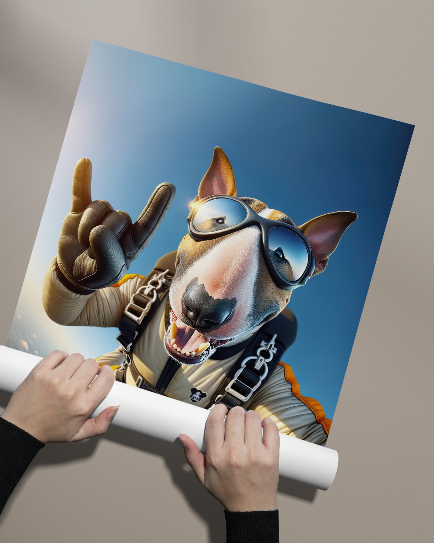 Epic Free Fall Bull Terrier Poster - Unique Skydiving Animal Print Wall Art for Extreme Sports Lovers Decor