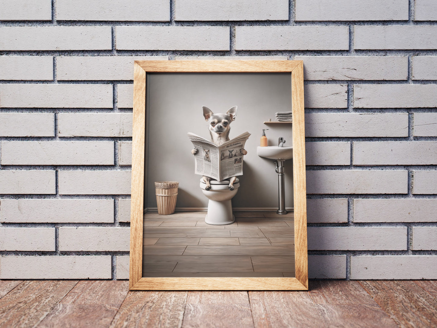 Poster Humoristique : Chihuahua Lisant sur Toilettes, Décoration Salle de Bain, Cadre Déco WC, Cadeau Amusant