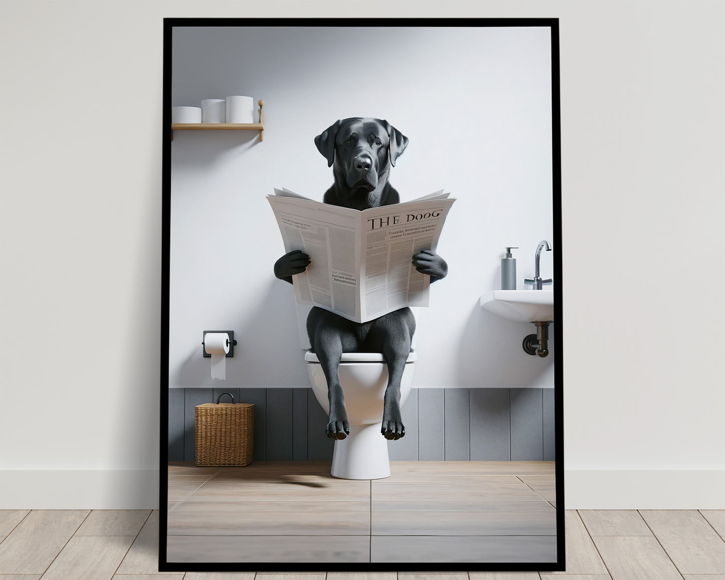 Funny Black Lab Bathroom Wall Art - Unique Poster of Dog Reading Newspaper on Toilet - Comical WC Decor & Gift