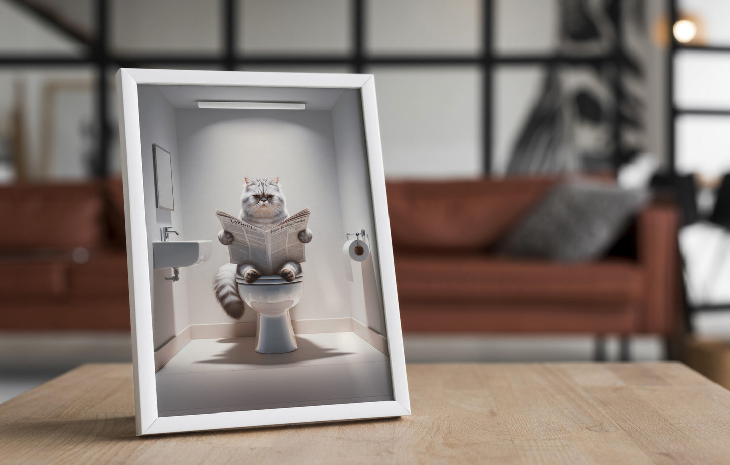 Silver Tabby Persian Cat Sitting on Toilet Poster – Fun Bathroom Decor Wall Art | Perfect Catlover Gag Gift for WC