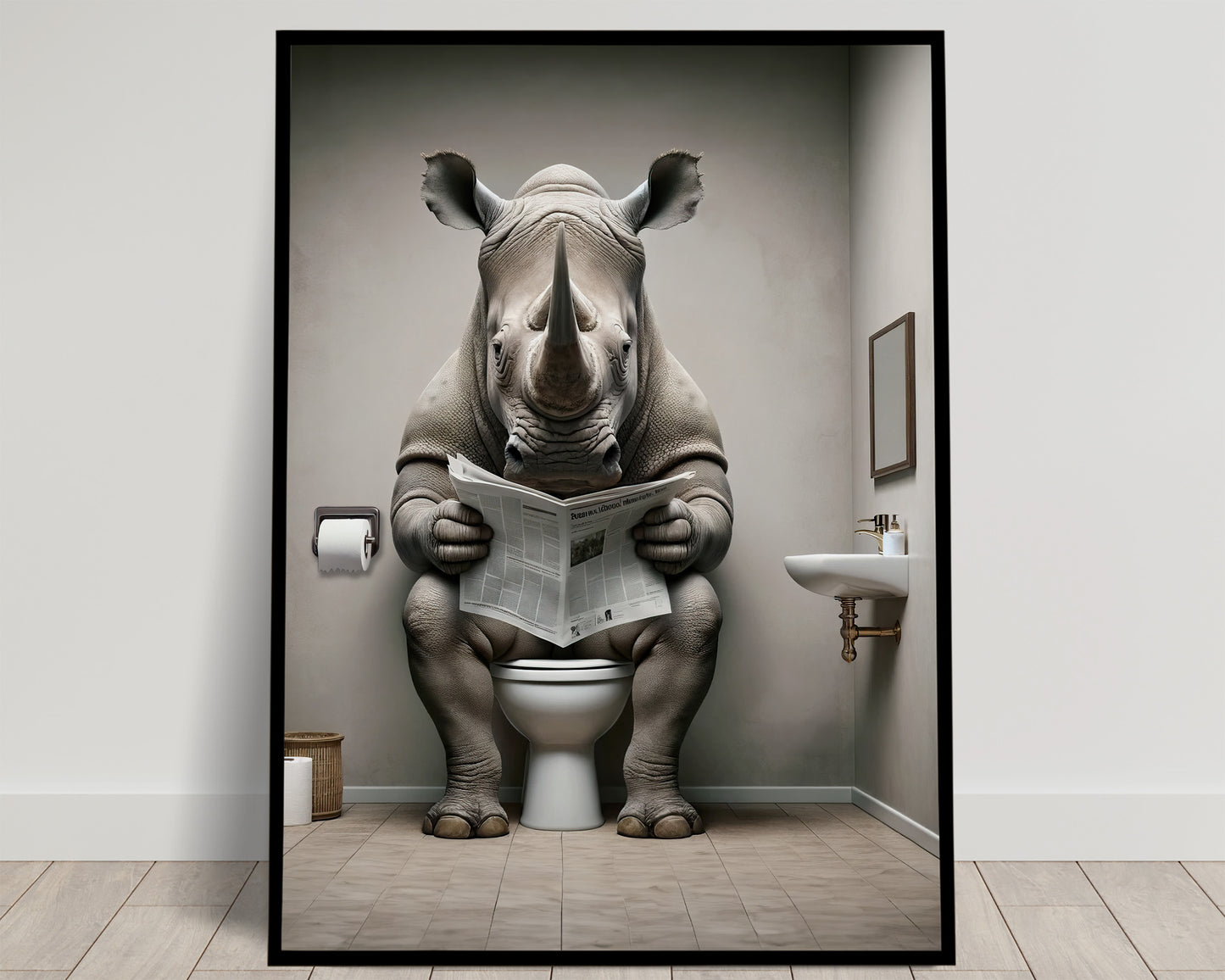 Rhino Reading Newspaper Toilet Poster - Humorous Bathroom Wall Art, Unique WC Decor, Funny Gift Idea