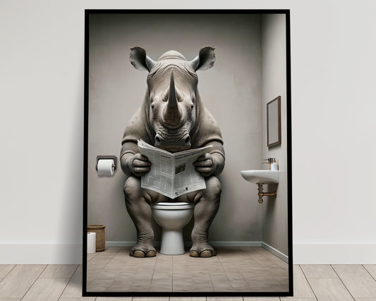 Poster d'un Rhinocéros lisant le journal sur les toilettes, Humour WC, Déco Salle de Bain, Art Mural Fun, Cadeau Original