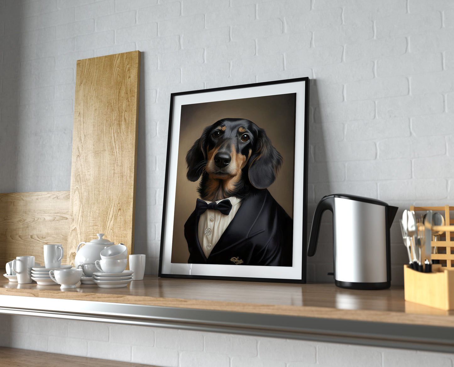 Poster Portrait Teckel en Smoking - Impression Murale Tuxedo - Art Mural Chien Chic et Humoristique