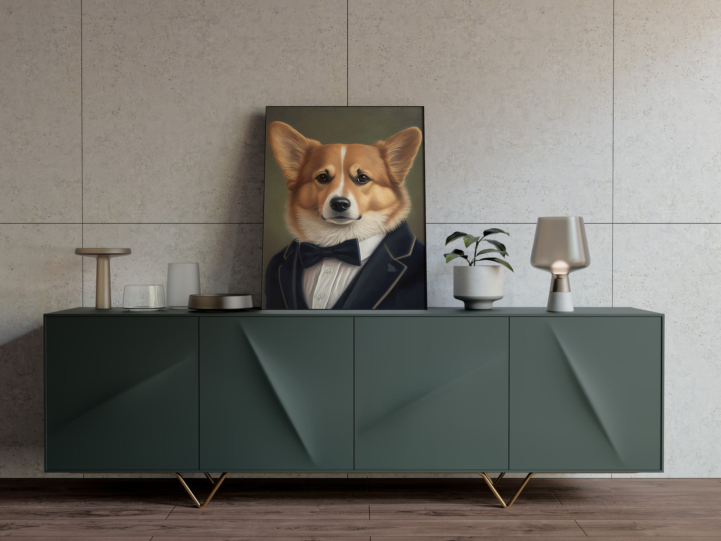 Poster chien corgi en smoking, décoration murale élégante, affiche chiot stylé, art mural animaux